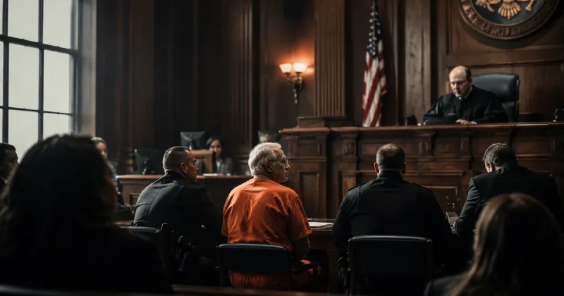Cinematic view of a federal courtroom during sentencing of a cartel leader, seen from the gallery with dramatic lighting and American flag