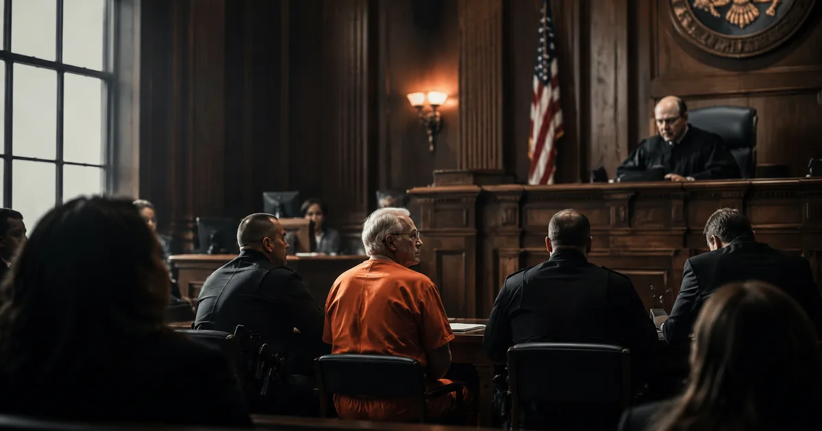 Cinematic view of a federal courtroom during sentencing of a cartel leader, seen from the gallery with dramatic lighting and American flag