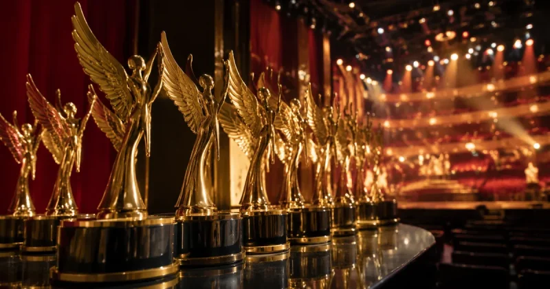 Rows of golden winged award statuettes on a reflective black table with a spotlit theater auditorium blurred in the background