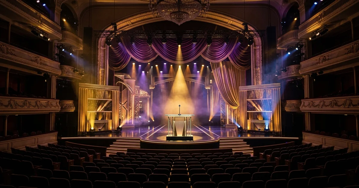 Grand awards show stage with gold and purple lighting, podium at center, and theatrical curtains
