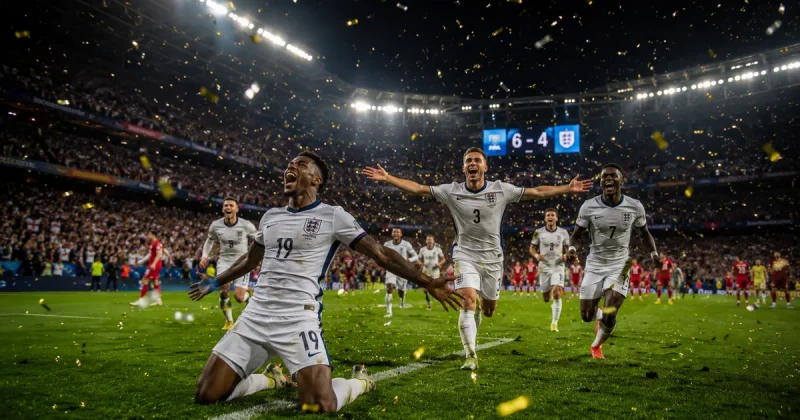England players celebrating on the pitch after scoring in a 6-4 World Cup victory over France