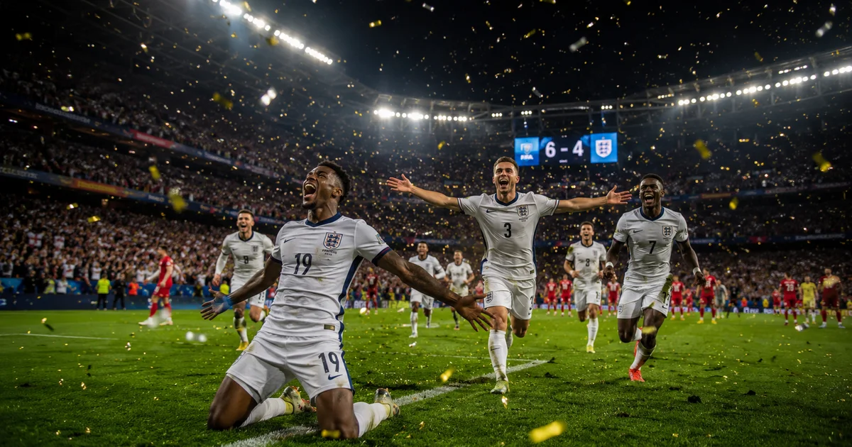 England players celebrating on the pitch after scoring in a 6-4 World Cup victory over France