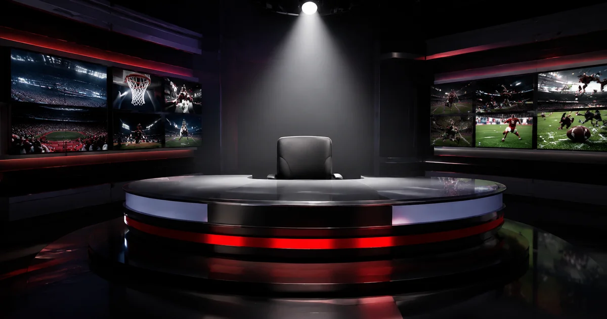 Empty broadcast desk in a dark sports studio with one spotlight on an empty chair