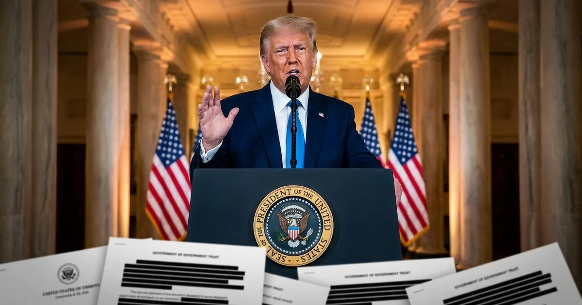 Donald Trump speaking at a presidential podium in the White House Cross Hall with American flags behind him and redacted documents in the foreground