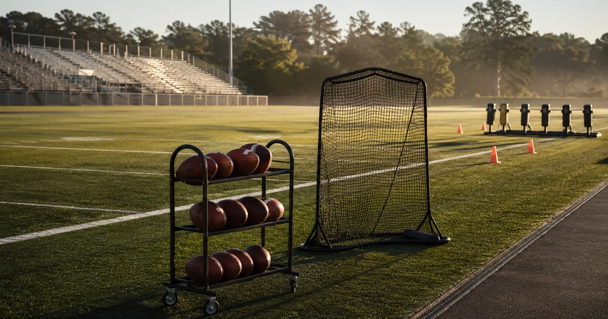 An empty NFL training camp practice field on a hazy summer morning with a rack of footballs and a throwing net on the sideline