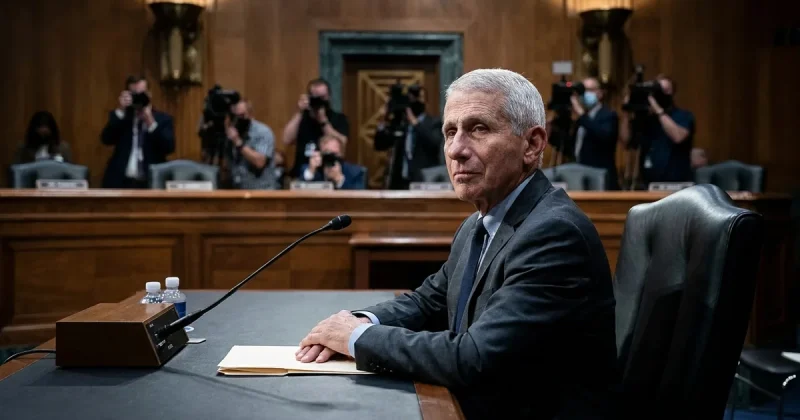 An older man in a charcoal suit sits alone at a Senate hearing witness table with a microphone, an empty chair beside him and press photographers behind