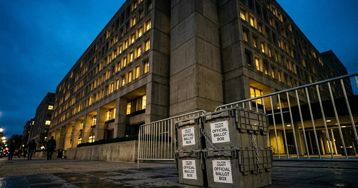FBI headquarters building in Washington DC at dusk with Fulton County official ballot boxes in foreground