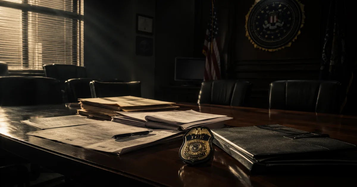 Empty FBI conference room with ICE badge and closed case folder on desk in dramatic lighting