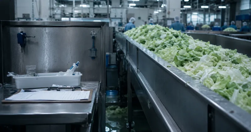 Shredded iceberg lettuce moving along a stainless steel conveyor in a processing plant beside an unattended food inspector's station