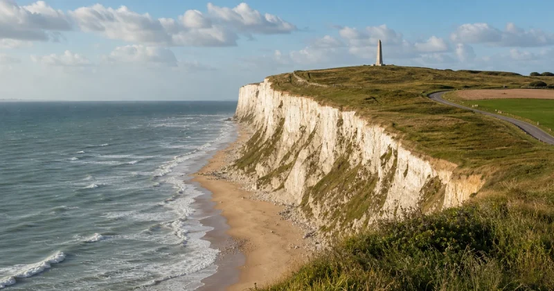 White chalk cliffs of Cap Blanc-Nez above a sandy beach on the Opal Coast of northern France