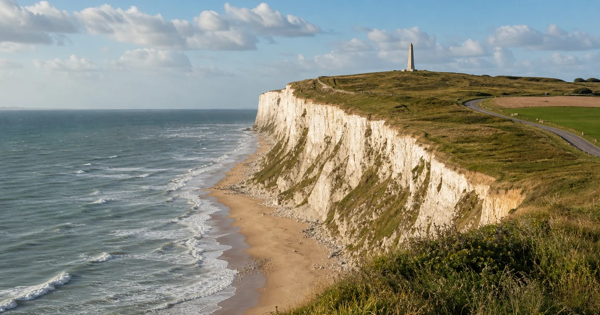 White chalk cliffs of Cap Blanc-Nez above a sandy beach on the Opal Coast of northern France