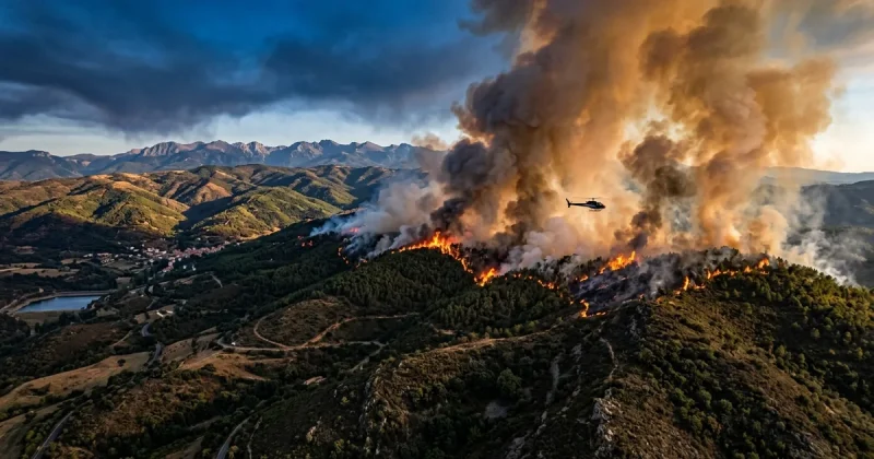 Aerial view of a wildfire burning through forested hills in the French Pyrenees with thick smoke plumes and an emergency helicopter