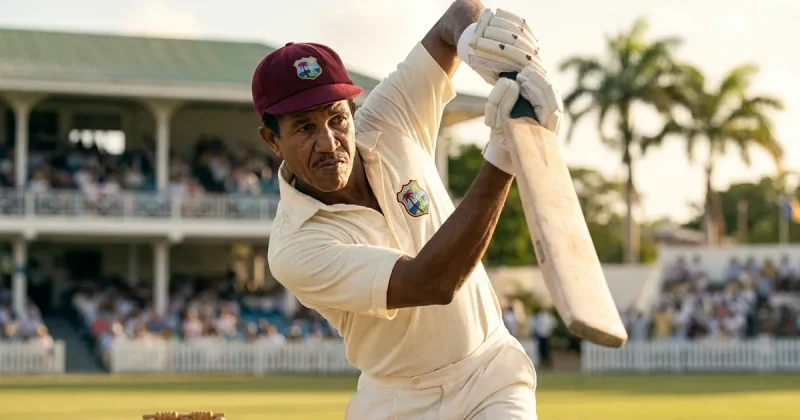 Sir Garfield Sobers in West Indies cricket whites and maroon cap playing a cover drive on a sunlit Caribbean cricket ground