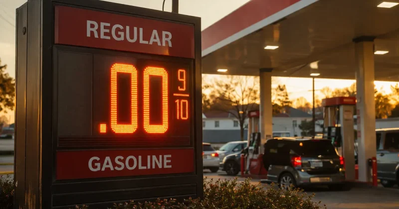 Gas station price sign showing four dollars per gallon at sunset with cars at pumps