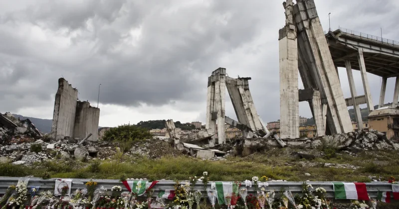 Ruins and memorial at the Morandi Bridge collapse site in Genoa, Italy