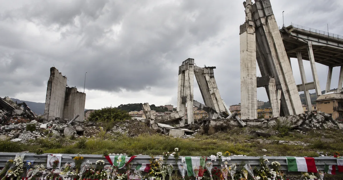 Ruins and memorial at the Morandi Bridge collapse site in Genoa, Italy