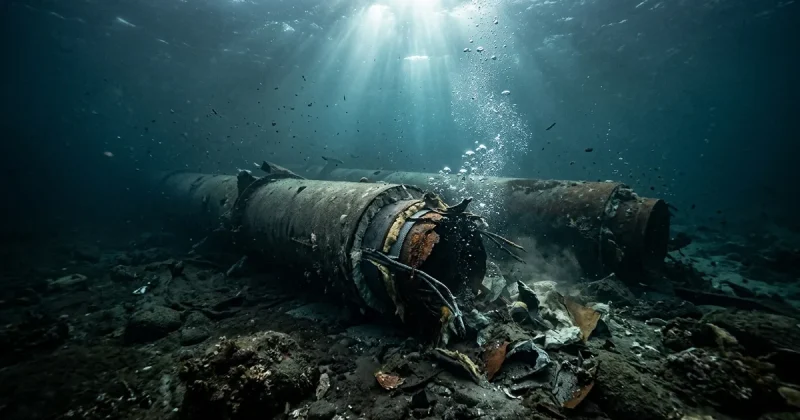 Underwater view of damaged Nord Stream gas pipeline resting on the Baltic Sea floor with debris and bubbles