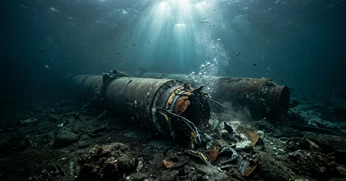 Underwater view of damaged Nord Stream gas pipeline resting on the Baltic Sea floor with debris and bubbles