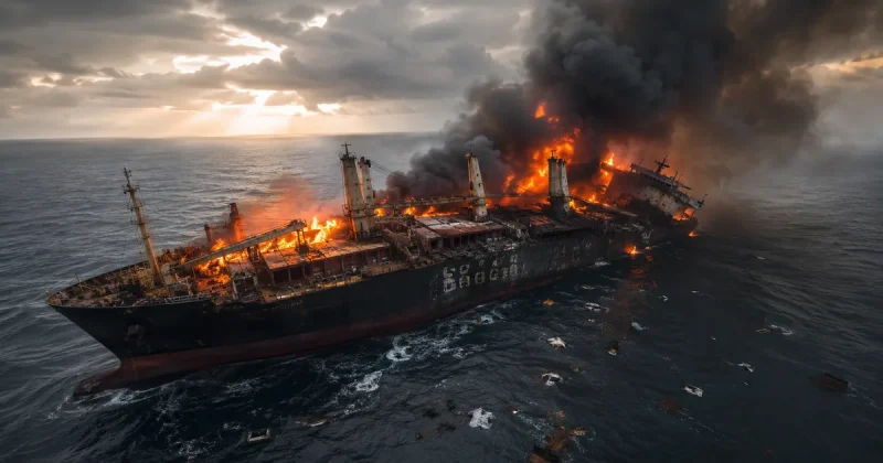 A large cargo ship engulfed in flames and black smoke on the Black Sea after being struck by cruise missiles