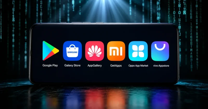 Android phone screen displaying multiple app store icons side by side against a dark background with code elements