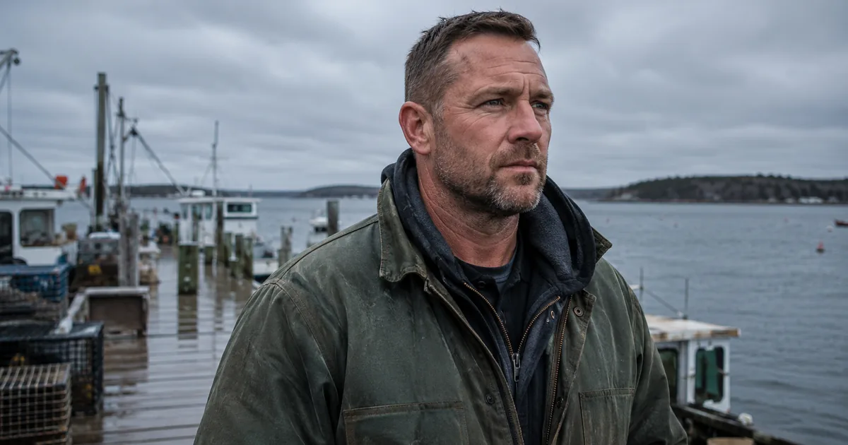 A weathered oyster farmer and military veteran in a worn work jacket stands on a gray, overcast Maine harbor dock lined with fishing boats