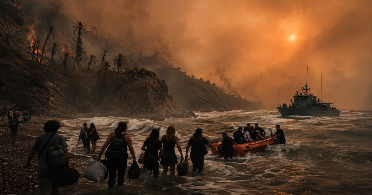 Evacuees wade from a pebble beach toward an orange inflatable boat as a Hellenic Coast Guard patrol vessel waits in rough water offshore, with wildfire burning through palm trees on the hillside behind them.