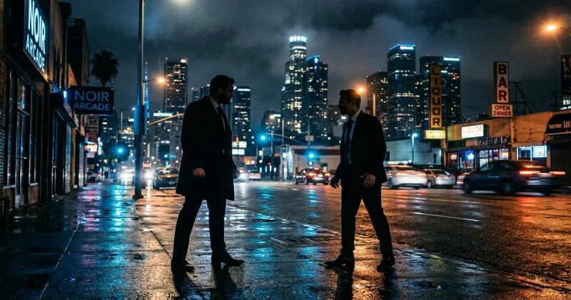 Two silhouetted figures in suits facing each other on a rain-slicked downtown Los Angeles street at night