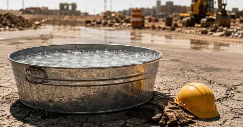 A galvanized stock tank filled with ice water sitting on hot asphalt at a construction site, with a yellow hard hat and work gloves on the ground beside it