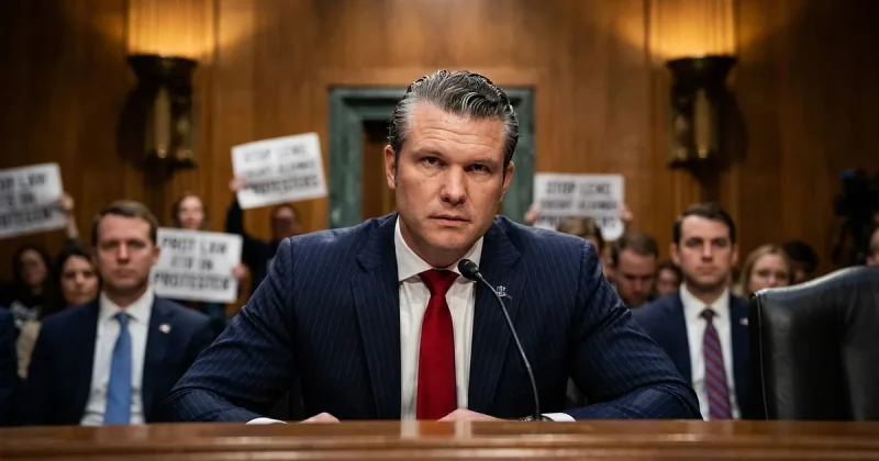 Pete Hegseth seated at a microphone in a Senate hearing room with protesters holding signs behind him