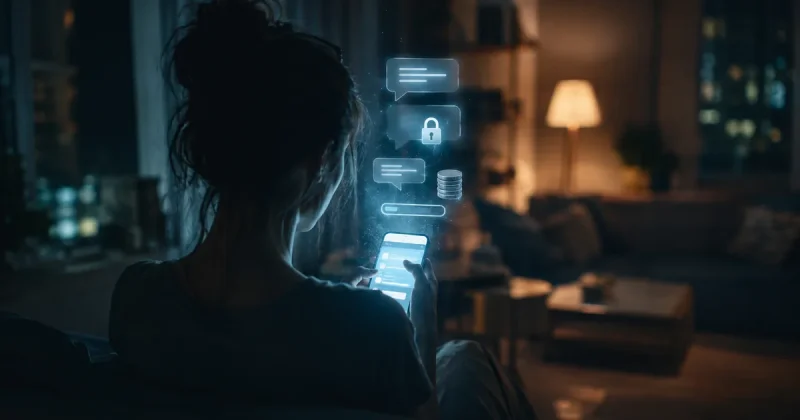 A person sits alone in a dark apartment at night, lit by their phone screen, with glowing chat bubbles, a padlock icon and a stack of tokens floating above the device