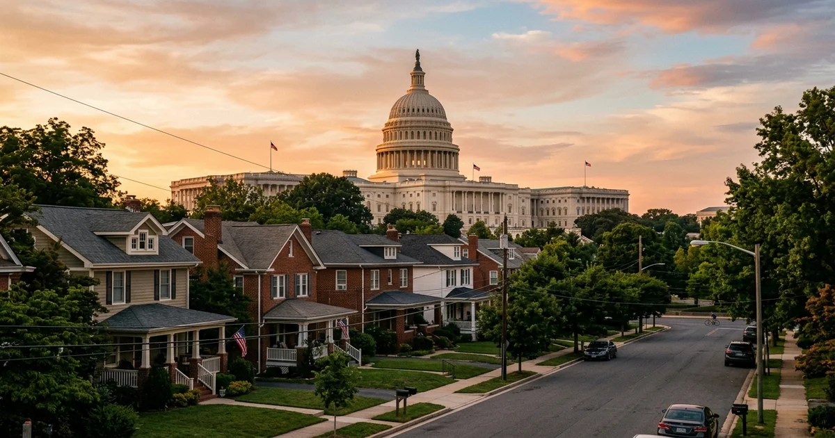 The US Capitol building at golden hour with suburban single-family homes in the foreground