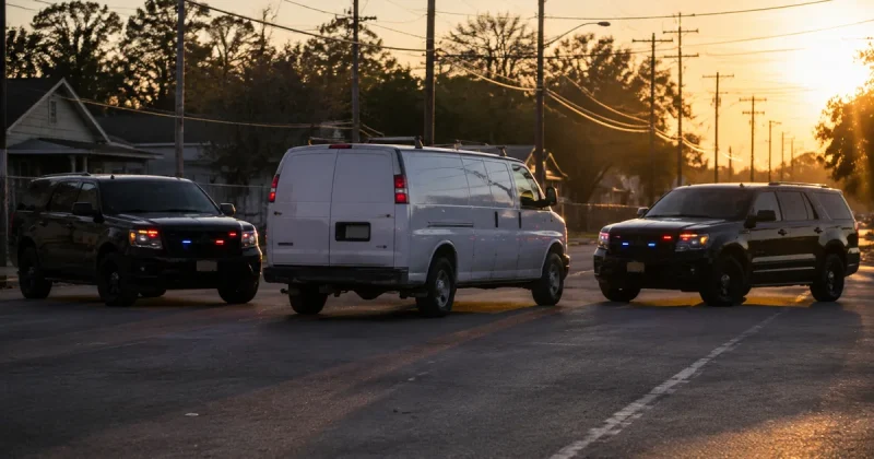 White work van stopped at a Houston East End intersection at dawn, boxed in by two unmarked dark SUVs with flashing grille lights