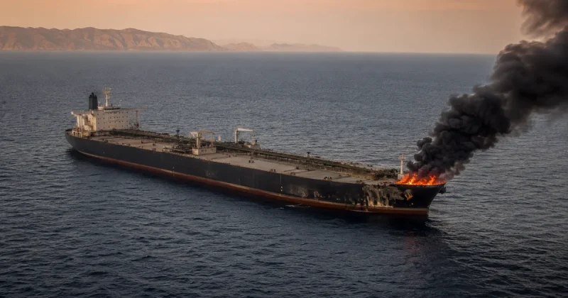 Oil tanker at sea with fire and black smoke rising from its bow in the Red Sea