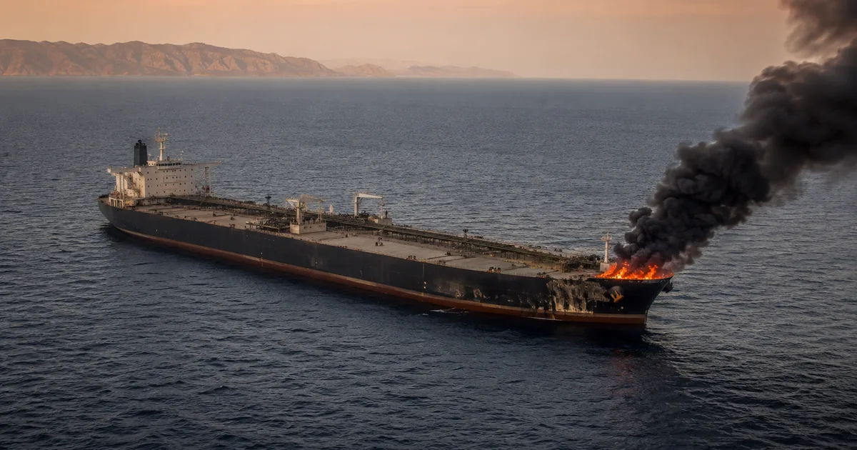 Oil tanker at sea with fire and black smoke rising from its bow in the Red Sea