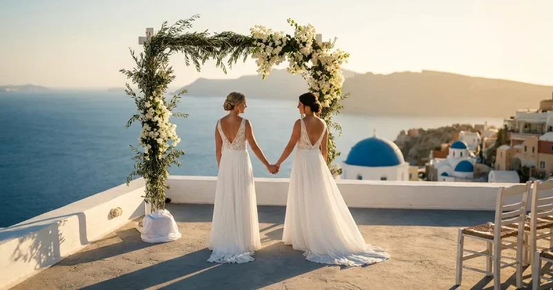 Two brides in white gowns hold hands beneath an olive-branch and bougainvillea ceremony arch on a whitewashed clifftop terrace above the Aegean, with a blue-domed Cycladic chapel behind them at golden hour