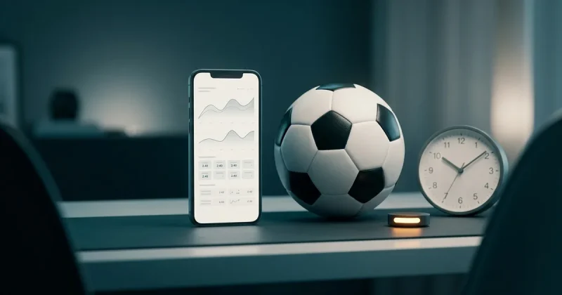 A smartphone showing a sports analytics dashboard next to a soccer ball and an analog clock on a calm modern desk