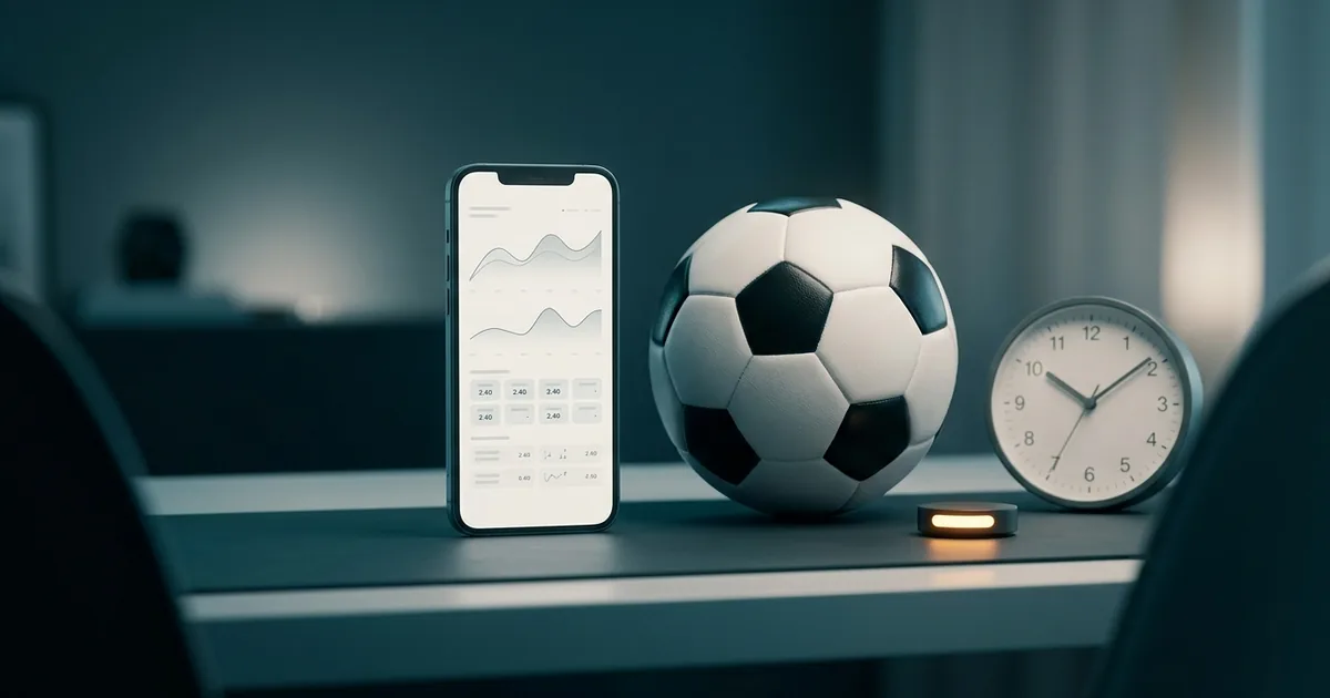 A smartphone showing a sports analytics dashboard next to a soccer ball and an analog clock on a calm modern desk