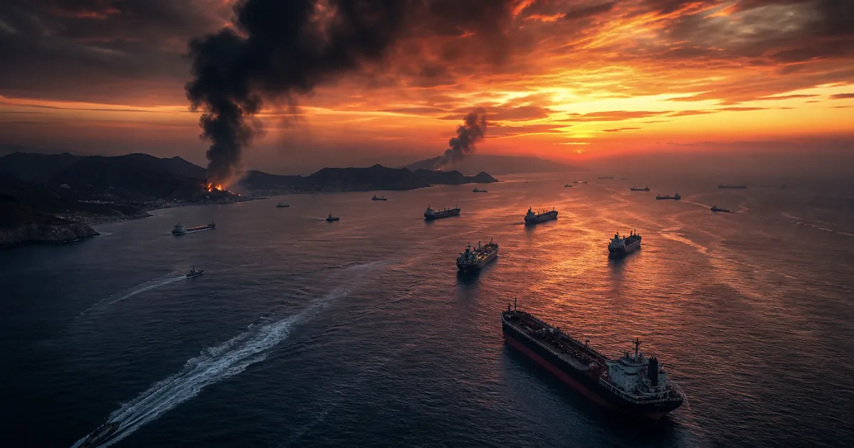 Aerial view of oil tankers in the Strait of Hormuz at dusk with smoke plumes and military vessels