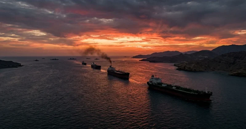 Oil tankers transiting the Strait of Hormuz at dusk with smoke rising and military vessels in the distance