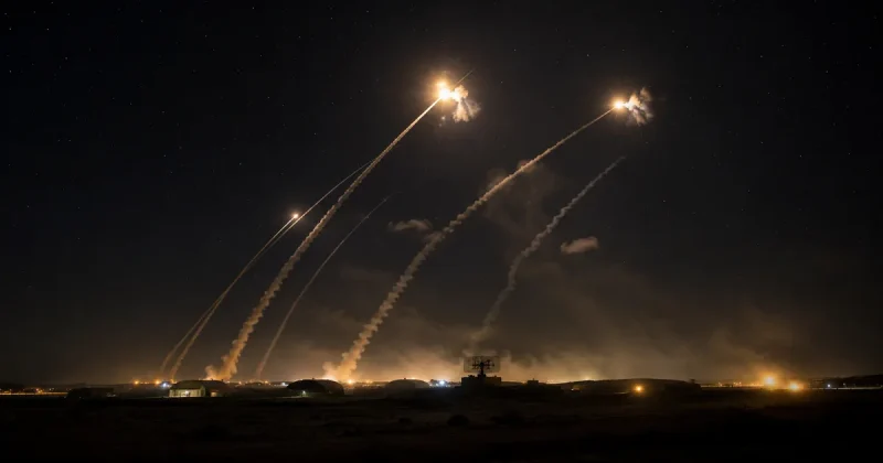 Five interceptor missile trails rise from a desert airbase at night as two bright intercept flashes detonate high above silhouetted hangars and a radar array.
