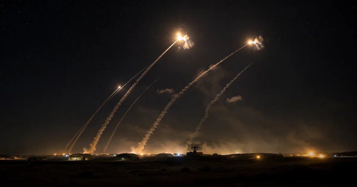 Five interceptor missile trails rise from a desert airbase at night as two bright intercept flashes detonate high above silhouetted hangars and a radar array.