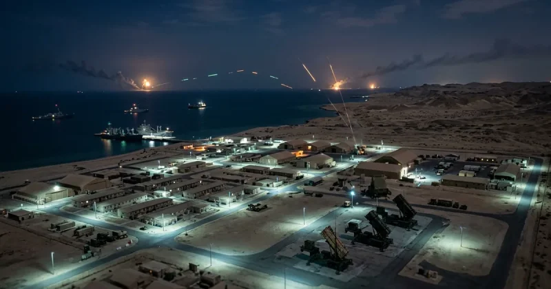 Aerial view of a US military base in the Persian Gulf at night with Patriot missile defense systems and tracer fire visible in the sky