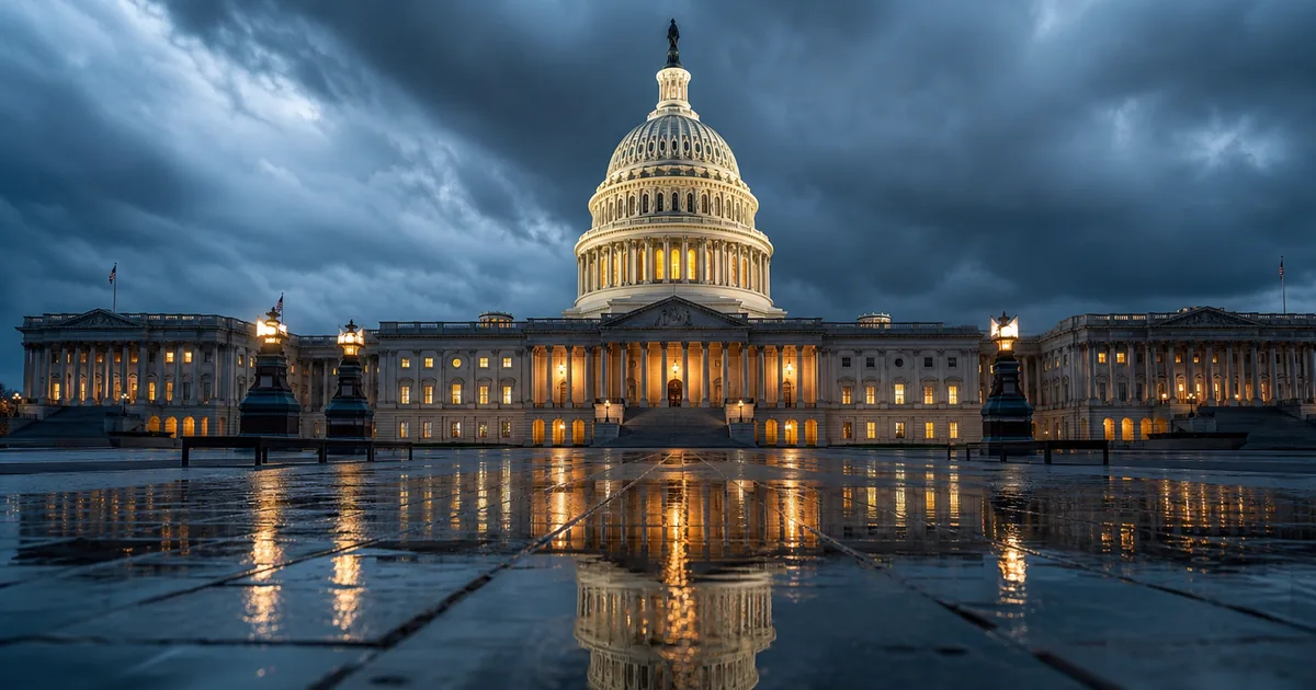 The United States Capitol lit from within at blue hour beneath heavy storm clouds, its dome reflected in wet, deserted pavement across the empty plaza