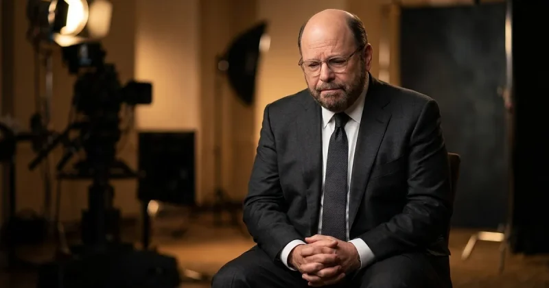 Jason Alexander in a dark suit seated with hands clasped and a reflective expression in a softly lit interview studio