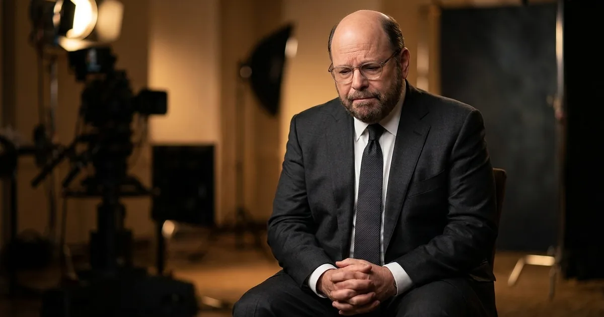 Jason Alexander in a dark suit seated with hands clasped and a reflective expression in a softly lit interview studio