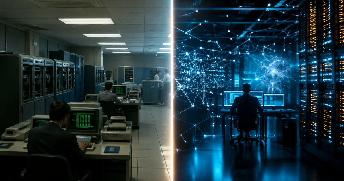 A split-screen cinematic view contrasting a vintage 1980s mainframe computer room with green terminal screens against a modern AI data center with glowing GPU racks