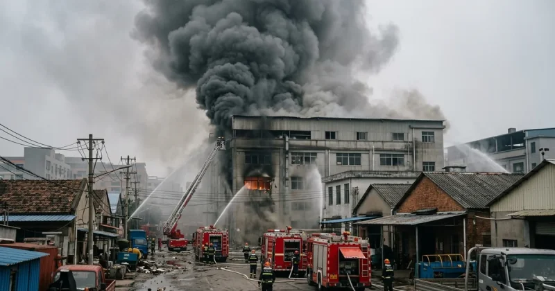 Firefighters and ladder trucks spray water on a smoking multi-story factory building as thick black smoke rises over an industrial district