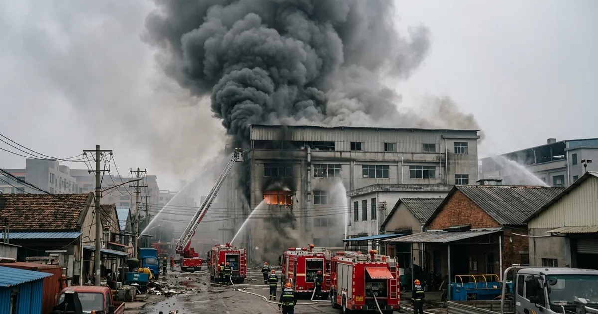 Firefighters and ladder trucks spray water on a smoking multi-story factory building as thick black smoke rises over an industrial district