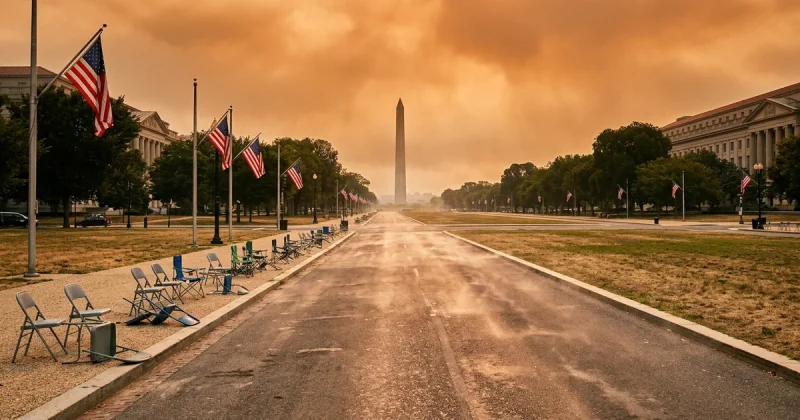 Empty National Mall parade route with abandoned chairs under orange heat-hazed sky near the Washington Monument