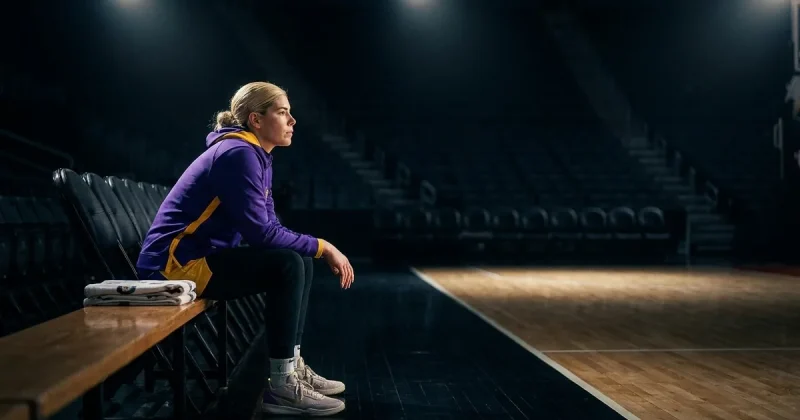 A blonde basketball player in a purple and gold warm-up jacket sits alone on a bench looking across a dark empty court